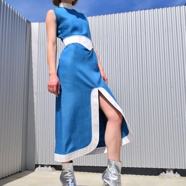 ELIO BERHANYER 60s Vintage Linen Mod Space Age Blue Dress 