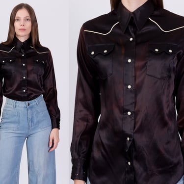 60s 70s Dee Cee Satin Western Shirt - Medium | Vintage Faded Black Distressed Pearl Snap Rockabilly Cowgirl Top 
