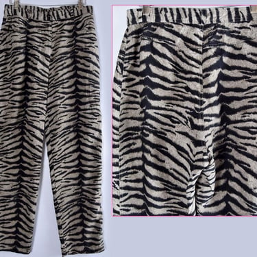 70's Silk Tiger Stripe Print Pants Disco Era, Gray Black Animal Print Vintage 1970's Trousers Pants Womens Medium 80s Punk Debby Harry style 