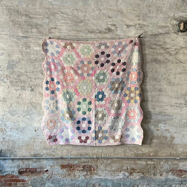 Antique Hexagon Honeycomb Hand Stitched Salvaged Textiles Quilt 80” x 75” 