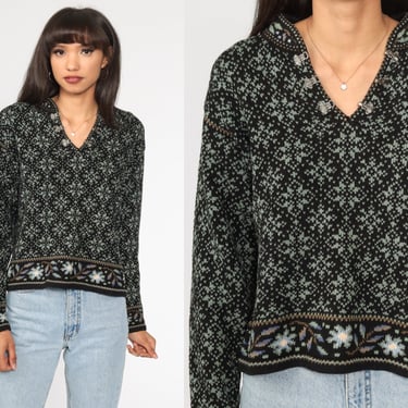 Black Floral Sweater 90s Norwegian Sweater Graphic Print Cotton Ramie Knit Slouchy Pullover Vintage Hipster Jumper Medium 