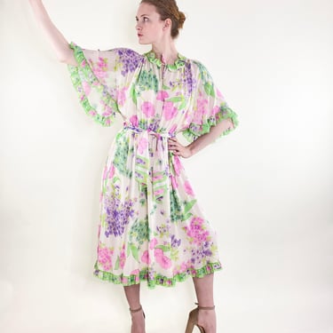 Vintage Leonard Silk Chiffon Ruffled Floral Dress 