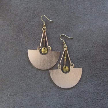 Large gold minimalist earrings, brown hematite, mid century modern Brutalist earrings, statement earrings, unique geometric earrings 