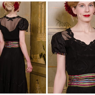 1940 Dress - Whimsical War Era Party Frock in Sheer Black with Applique, Rainbow Midwaist and Puffed Sleeves 