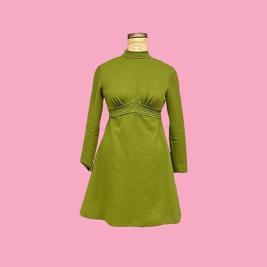 Vintage Dress Retro 1960s Handmade + Avocado Green + Fit and Flare + Mod + Textured + Polyester + Womens Apparel 