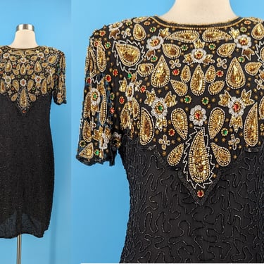 Laurence Kazer 80s Large Beaded Sequined Short Sleeve Dress - Eighties Embellished Sheath Dress with Shoulder Pads 