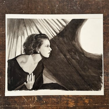 1960s Surreal Illustration Painting of Woman Peering In Film Noir Scene - Vintage Illustration Art - Black and White 