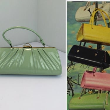 One of Each Colour Please! - Vintage 1950s 1960s Pistachio Green Faux Patent Leather Pleated Vinyl Handbag Purse 