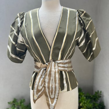 Vintage gorgeous Art to wear olive green jacket top hand painted silvers leather belt XS Terry & Toni 