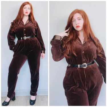 1990s Vintage Essential Elements Brown Velour Jumpsuit / 90s / Satin Lapel Elastic Waist Playsuit / Size Medium - Large 