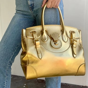 Ralph Lauren Iconic Collectable Soft Ricky Gold Metallic Leather Bag 