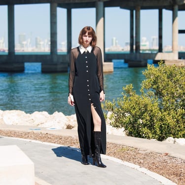 80s Black Sheer Sleeve White Collar Tuxedo Dress Vintage Oleg Cassini Fitted Black Tie Long Dress 