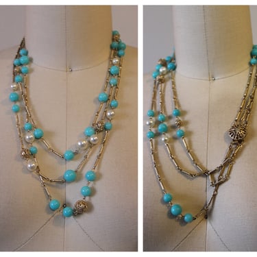 Vintage Mid Century Blue Aqua Lucite Pearl Filigree Metal Beads 3 Strand Choker Necklace 