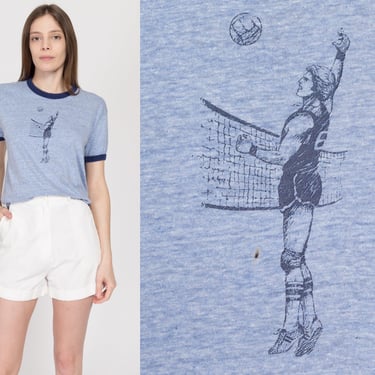 Med-Lrg 70s Volleyball Graphic Blue Ringer Tee | Vintage Distressed Heather Blue Athletic Team T Shirt 