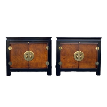 Set of 2 Vintage Chinoiserie Nightstands by Stanley FREE SHIPPING Two-Tone Black, Burl Wood & Brass Asian Hollywood Regency End Tables 