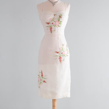 Glamorous 1950's Embroidered Ivory Silk Organza Cocktail Dress / Small