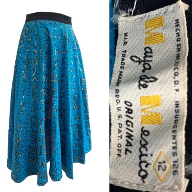 Vtg Vintage 1950s Mexican Block Print Sequin Embroidered Turquoise Circle Skirt 