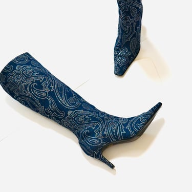 90s 2000s y2k Vintage Denim Boots Size 7 1/2 8 High Heel Pointed Square Toe Glitter Paisley Print Knee High Denim boots Metallic by Monique 