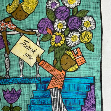 1960’s colorful silkscreen print Handkerchief/scarf Unique print color block MCM illustration thank you flower bouquet Skandia Switzerland 