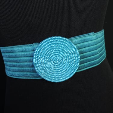 turquoise stretch belt 1980s elastic wicker circle buckle 