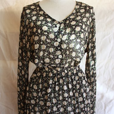 90s Two Piece Dress Black Daisy Print Skirt and Blouse Set Size S / M 