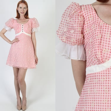 Gingham Print Barbiecore Mini Dress, Vintage 60s High Waisted Party Sundress, 70s Puff Sleeve Peasant Dress 