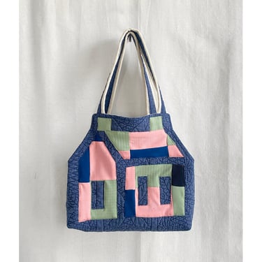 Schoolhouse Quilt Shoulder bag - large tote bucket handbag minimal vintage house shaped applique utility shopping one-of-a-kind blue retro 