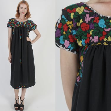 Long Black Cotton Oaxacan Dress San Antonio Heavily Hand Embroidered Traditonal Jalisco Frock From Mexico 