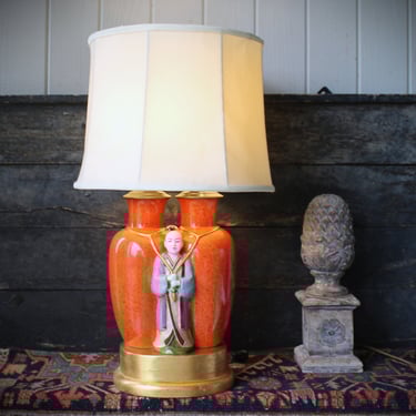 Vintage Hand Painted Enamel Double Vase wish Statue Porcelain Lamp Haldon Group 
