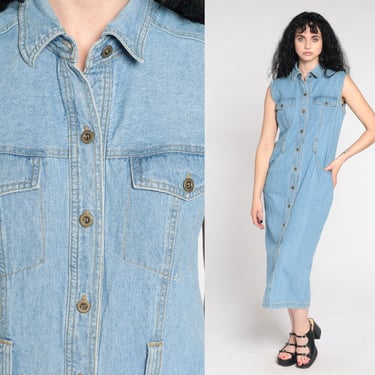 90s Denim Dress Midi Button Up Jean Dress Sheath Vintage Sleeveless Blue Cotton Ankle Length Plain 1990s Normcore Basic Dress Medium 