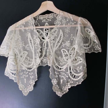Vintage Edwardian Victorian Embroidered Lace Shawl Bolero Jacket Small - Off White Ecru Delicate Dainty 1900s Romantic Bridal Shrug 