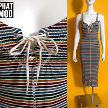 Sexy Vintage 90s Rainbow Stripe Tight Stretch Dress with Lace Up Top 