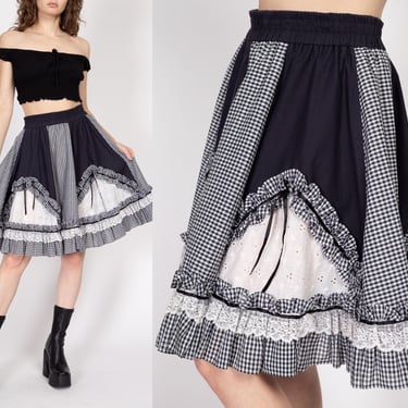 Med-Lrg 70s Black & White Rockabilly Square Dance Skirt | Vintage Gingham Lace Trim Mini Circle Skirt 