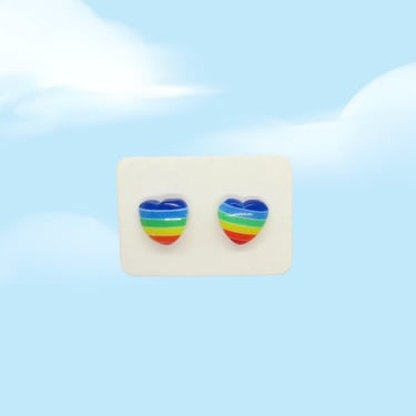 Rainbow Heart Stud Earrings - Tiny Retro 80s Inspired Striped Studs 