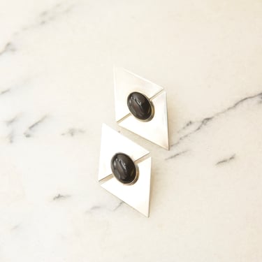 Vintage Modernist Sterling Silver Black Onyx Stud Earrings, Sleek Polished Triangle Slice Earrings, Bezel Set Onyx Cabochons, 925 Earrings 