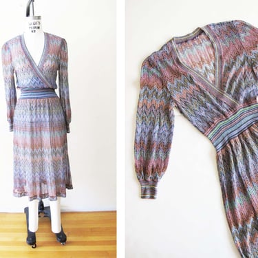 Vintage 70s Missoni Style Knit Dress S - 1970s Chevron Stripe Long Sleeve Plunge V Neck Midi Dress - Bohemian Peasant Dress 