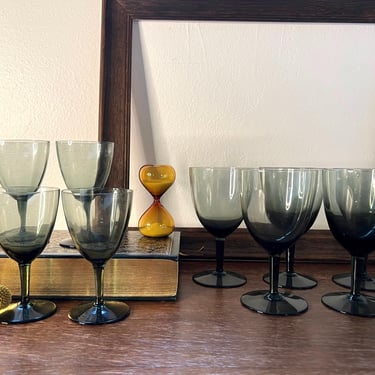 Vintage Smoke Gray Crystal Wine Cordial Glasses Water Goblets Stemware | Smokey Blue Green Tint Cup | Cocktail Drink | Set of 4 or Set of 5 