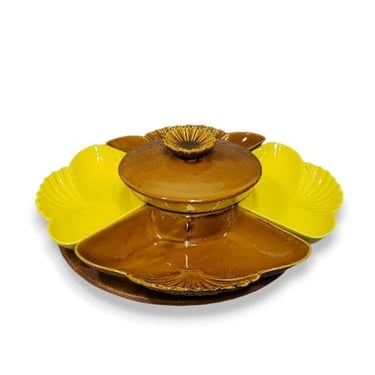 Vintage Ceramic Lazy Susan, Mid Century Modern Party Serving Dish, California Pottery Brown & Yellow 1960s 1970s Server, Vintage Kitchen 