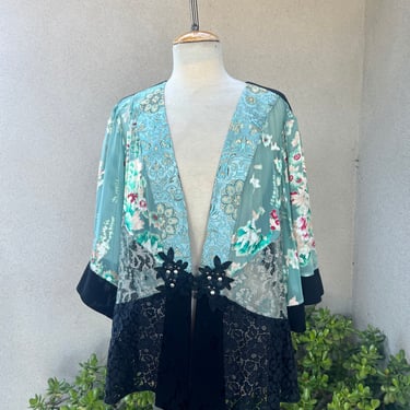 Vintage Kimono style cardigan jacket sheer lace silk blend multicolor Sz 2X by Spencer Alexis 