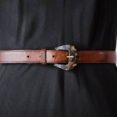 brown leather belt | 80s 90s vintage tortoiseshell buckle dark academia style belt 