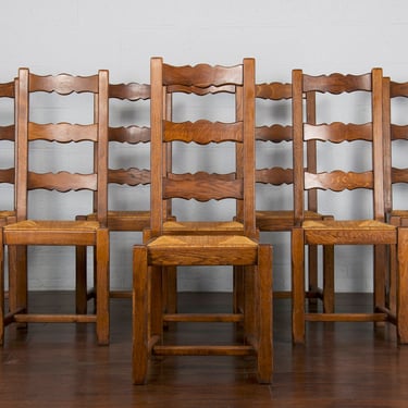Antique Country French Provincial Farmhouse Ladder Back Tiger Oak Rush Dining Chairs- Set of 8 