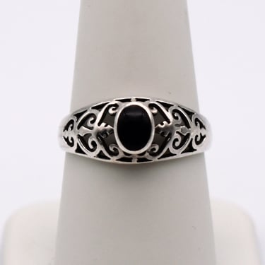 80's 925 silver onyx size 7.75 Byzantine ring, black oval cab sterling vines SU Thailand solitaire 