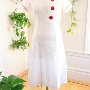 Vintage 1930s Day Dress | 30s White Cotton Big Red Buttons Shirtwaist Shirt Dress | medium/large 