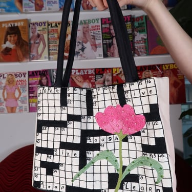 Vintage Embroidered Crossword Bag with Beaded Flower