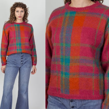 90s Colorful Plaid Angora Knit Sweater - Medium | Vintage Orange Pink Lambswool Blend Pullover 