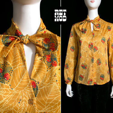 Cherry Print Vintage 70s Golden Leaves & Cherries Blouse with Neck Tie 