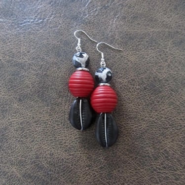 Cowrie shell earrings, black and red earrings 