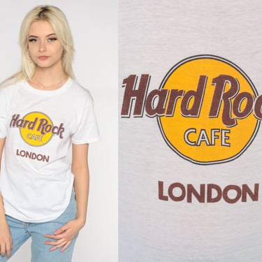 Hard Rock Cafe London Shirt 80s England T Shirt Graphic Tee Travel Tshirt Vintage Single Stitch T-Shirt 1980s White Screen Stars Medium 