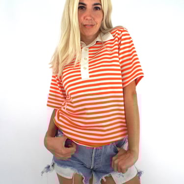 Vintage 70s Polyester Striped Polo Top 