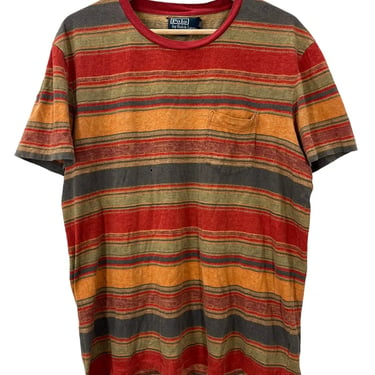 Polo Ralph Lauren Madras Aztec Striped Pocket T-Shirt Fits Large Distressed